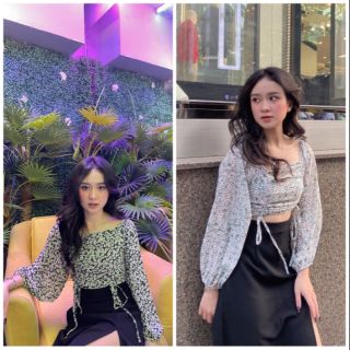 ÁO CROPTOP BO CHUN RÚT ĐÂY HỌA TIẾT HOA NHÍ CHẤT VOAN CỰC MÁT - LANI TOP