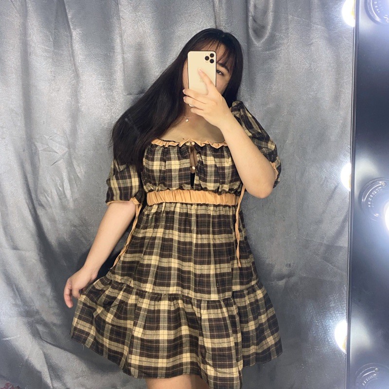 BIGSIZETIX Đầm caro tay bí siêu xinh 50-90kg hình mẫu thật 100%