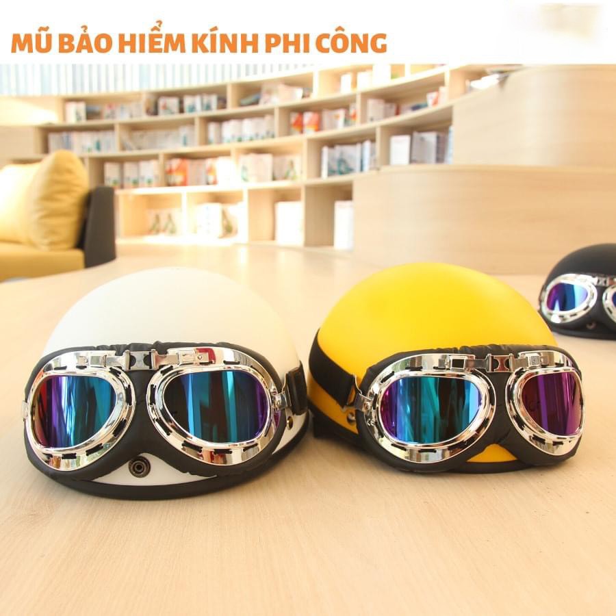 Mũ bảo hiểm nữa đầu 1/2 nhiều màu trơn kèm kính phi công,kính uv,nón 1/2 đầu khóa đỏ cao cấp