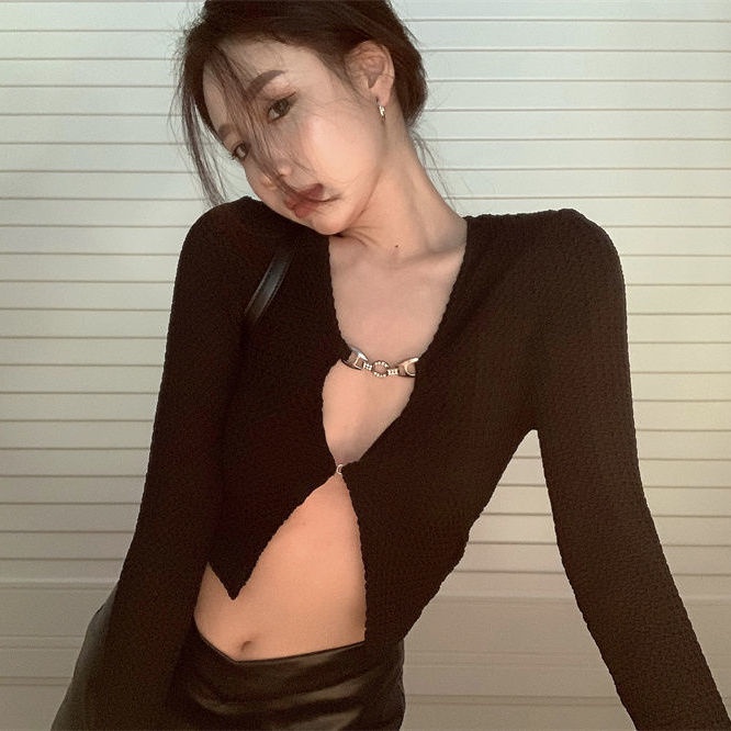 [MURIOKI] Áo Khoác Cardigan Ngắn Dệt Kim Tay Dài Màu Đen Có Khóa Cài Thời Trang Hàn Quốc 2022 Cho Nữ