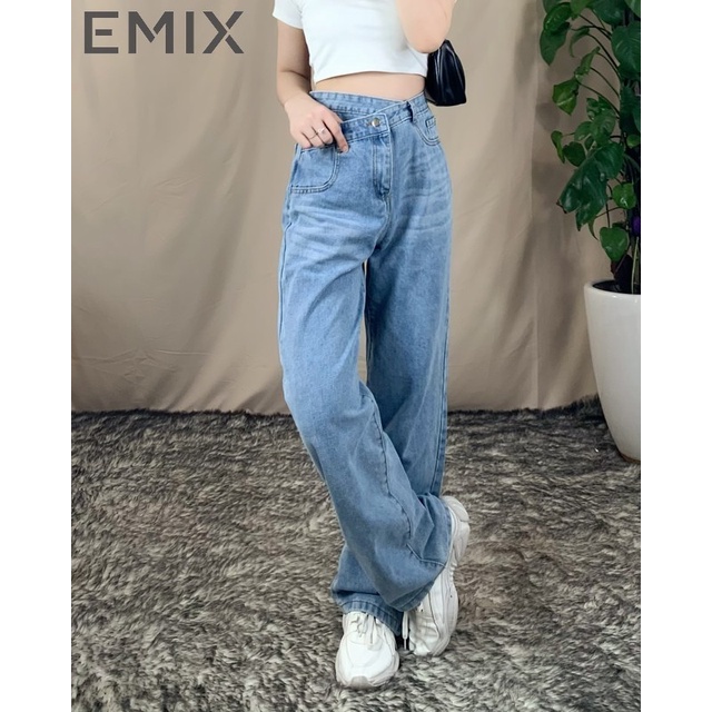 Quần jean nữ cá tính EMIX (màu xanh), basic, dáng dài, cạp chéo, ống suông và rộng, vải jeans mềm nhẹ, KHÔNG BAI MÀU