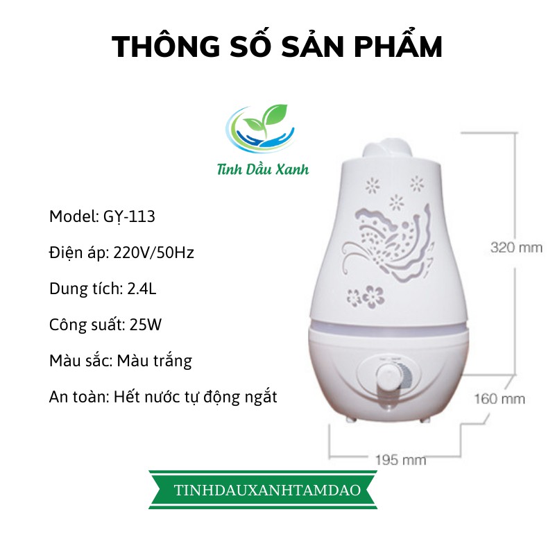 Bình xông hơi tinh dầu hồ điệp,Máy phun sương và máy khuếch tán tinh dầu dung tích 2400ml,Tặng tinh dầu xanh 10ml