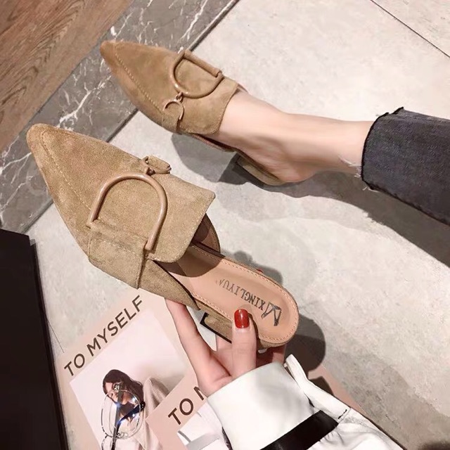 (Order-ảnh thật) sz 35-40 Dép sục mũi nhọn da lộn phối tag D, đế vuông 4cm