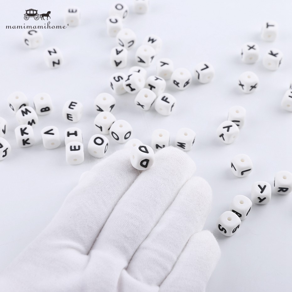 Set 26 Hạt Silicone Xâu Chuỗi 10mm / 12mm Có Chữ Cái Làm Đồ Chơi Ngậm Cắn Cho Bé