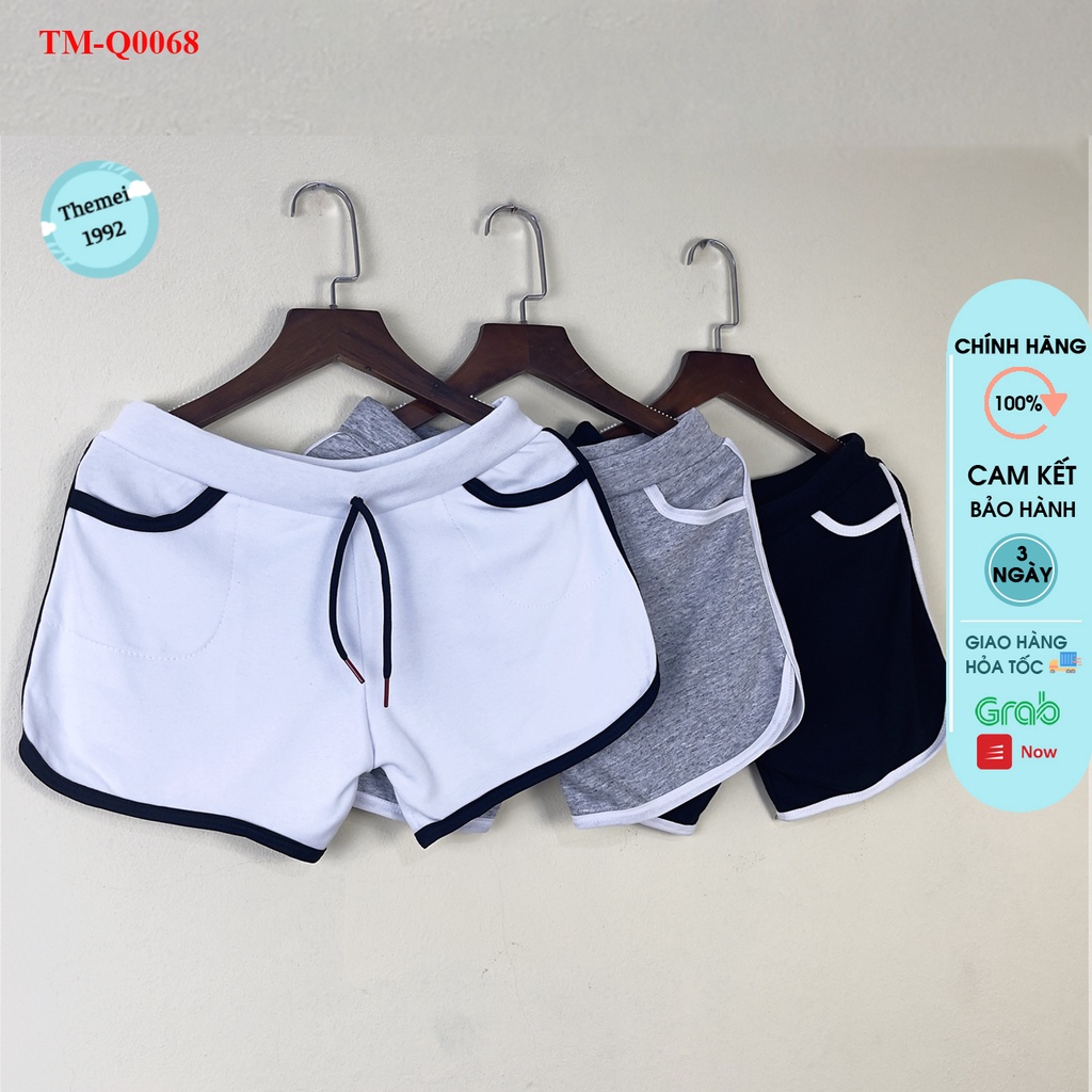 Quần đùi short nữ THE MEI 1992 cao cấp - Quần sooc nữ cạp chun chất Umi thể thao viền kẻ có túi 2 bên