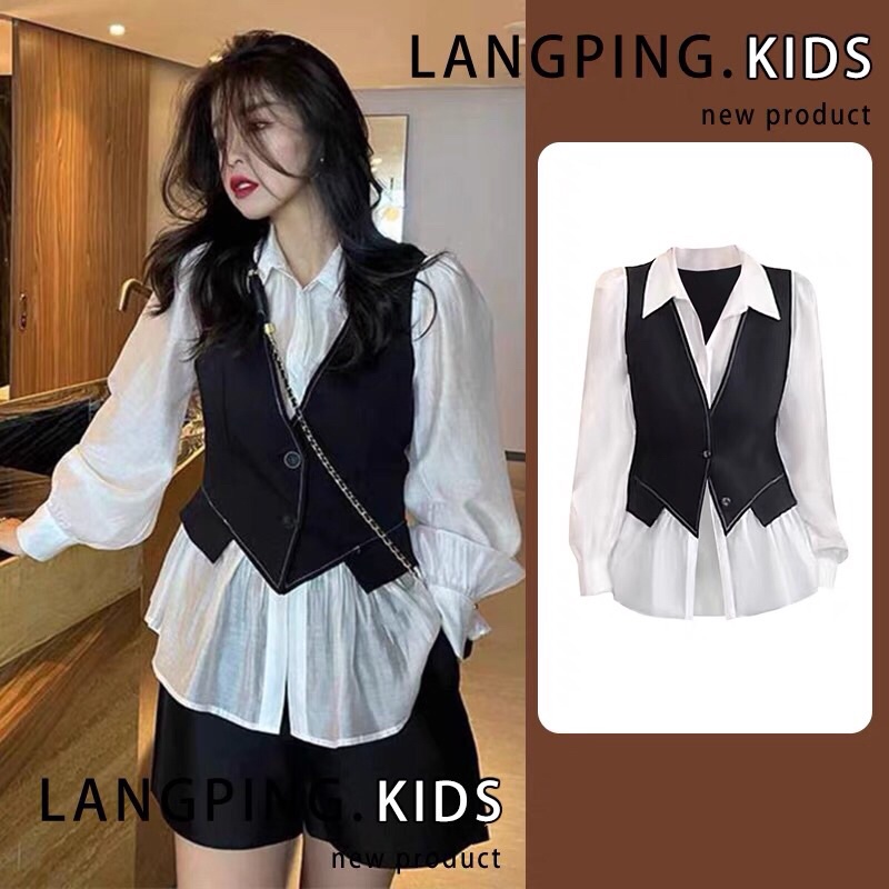 Áo sơ mi lụa phối gile đen