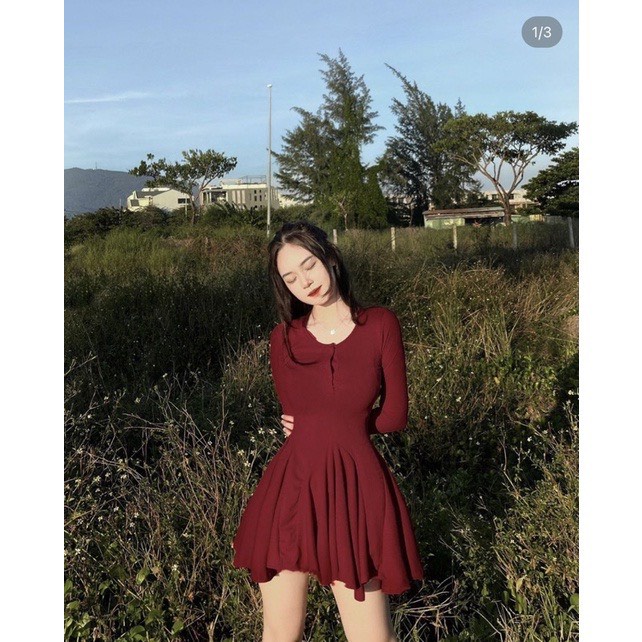 Đầm cổ vuông cài nút tay dài dáng xòe xinh xinh , chất thun gân dày dặn