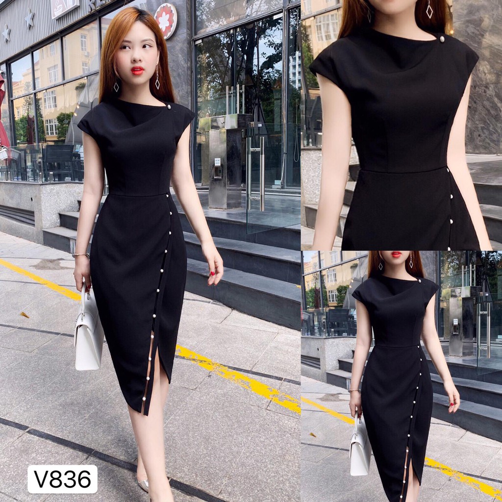 Đầm đen lệch vai dáng dáng ôm body đính ngọc V836 - ADELASHOP [Kèm ảnh thật]