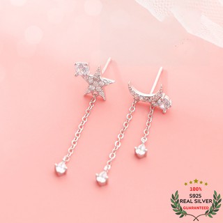Bông Tai Bạc S925 Tua Rua Trăng Sao Sợi Thả Bất Đối Xứng Xinh Xắn | Khuyên Tai Nữ Trang Sức Bạc Thời Trang