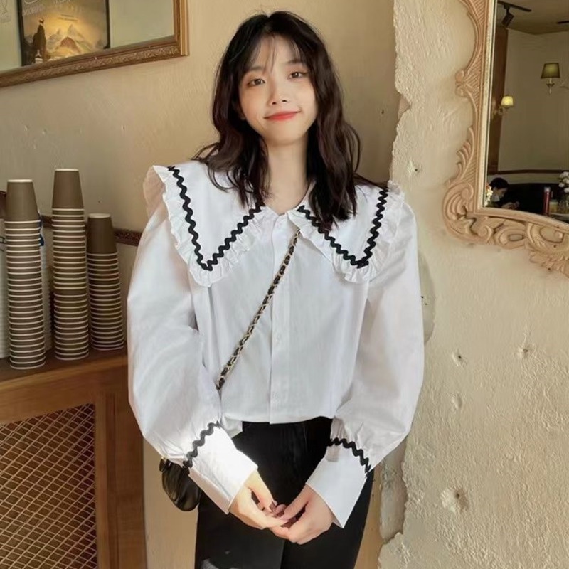 Áo Sơ Mi Trắng Tay Dài Cổ Búp Bê Phong Cách Phương Tây