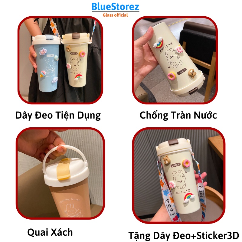 Cốc giữ nhiệt cute 500ml có ống hút, Ly đựng nước giữ nhiệt cầm tay, Bình giữ nhiệt mini kèm sticker + dây