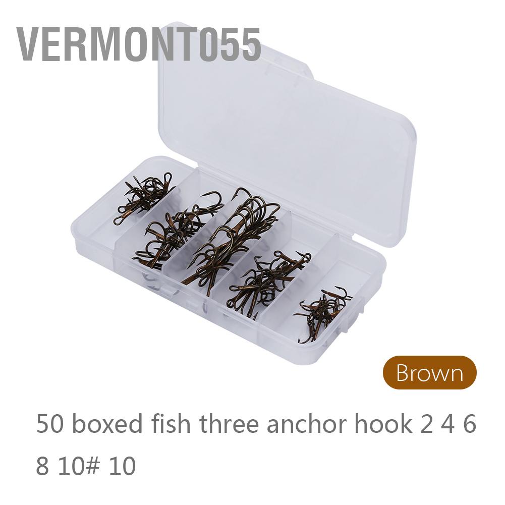 Vermont055 50pcs/Box Fishing Hook Sharpened Treble 5 Sizes 2/4/6/8/10 Fishhook Tackle Brown