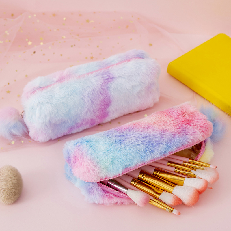 Túi đựng bút phối lông màu gradient phong cách Hàn Quốc sáng tạo dễ thương cho nữ