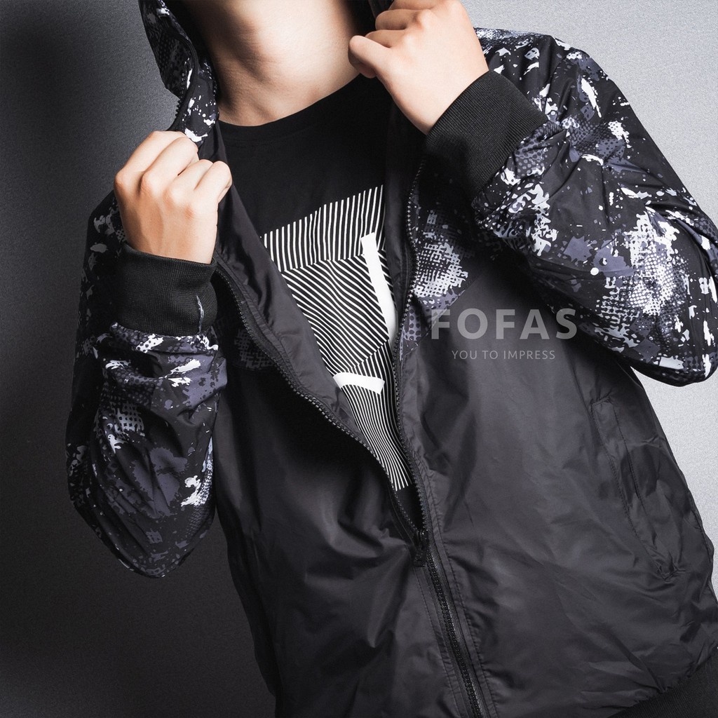 Áo khoác nam hoạ tiết FOFAS có nón, kiểu dáng thể thao, chất dù xịn may 2 lớp