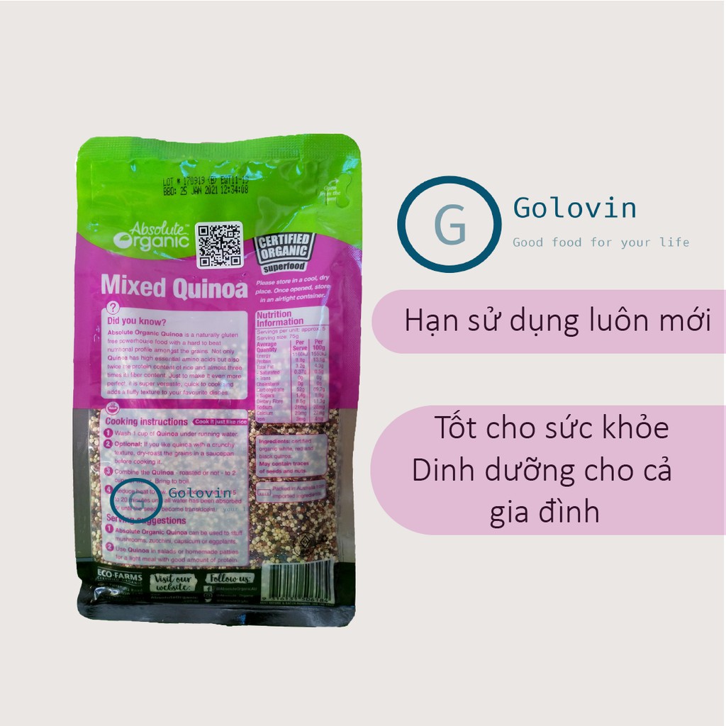 Hạt diêm mạch Quinoa mix 3 loại Absolute Organic túi 400gr cung chất chất xơ, protein giảm cân, bé ăn dặm Golovin Shop | BigBuy360 - bigbuy360.vn