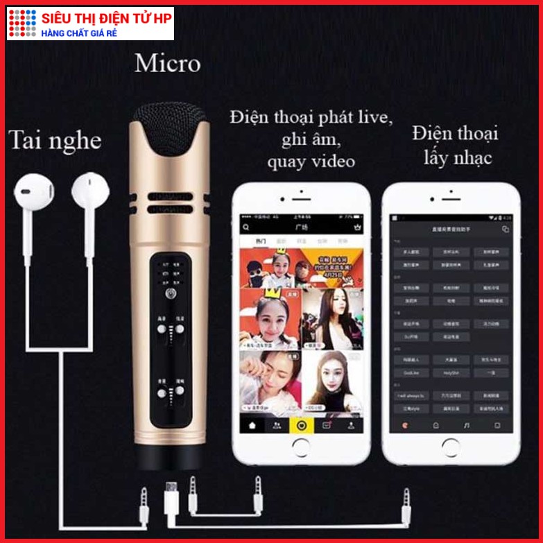 Micro C16 Hát Karaoke Livestream 3in1 [Loại 1, đủ phụ kiện, tiếng vang to, rõ đủ 6 chế độ âm thanh]