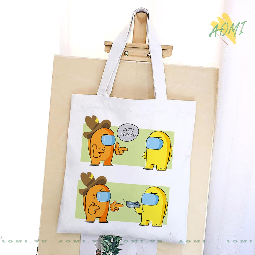 TOTE CANVAS AMONG US FORM TRÒN TÚI VẢI ĐEO VAI BAG NÚT BẤM SIZE LỚN AOMIVN DU LỊCH  MÀU ĐEN TRẮNG