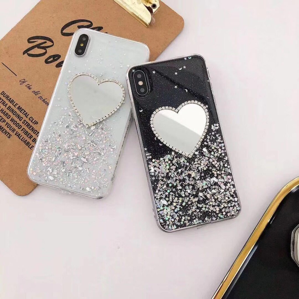 iPhone 12 Mini 11 Pro Max 6 6S 7 8 Plus  X XS Max XR Heart Shape Makeup Mirror Bling Soft TPU Phone Case