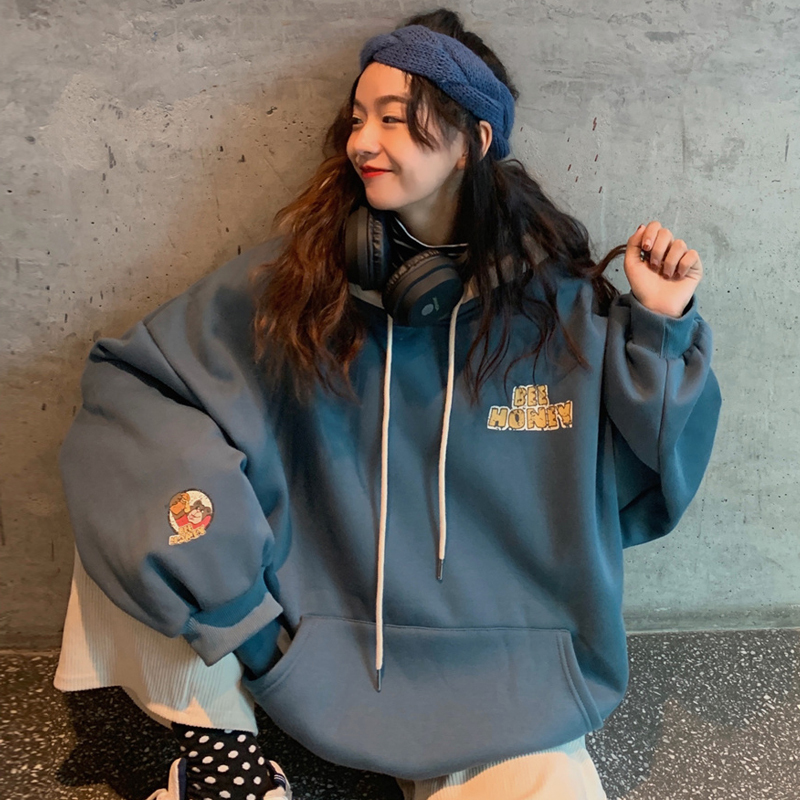 Áo nỉ hoodie nữ form rộng Áo hoodie nữ form rộng nỉ bông có mũ dài unisex oversize hình HONEY BREAD màu xám | BigBuy360 - bigbuy360.vn