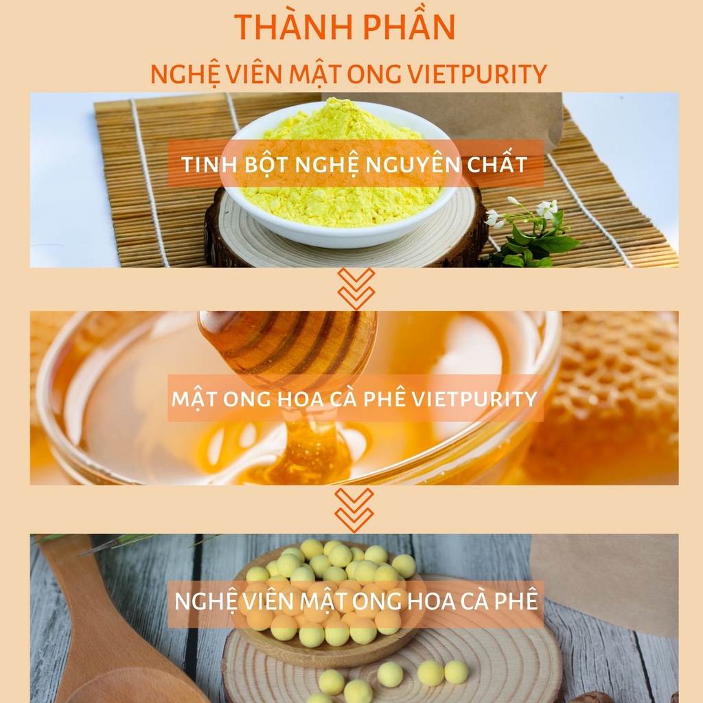 Viên nghệ mật ong Vietpurity nguyên chất làm mặt nạ dưỡng da giảm mụn, làm sữa hạt điều nghệ, hỗ trợ ăn vặt giảm cân