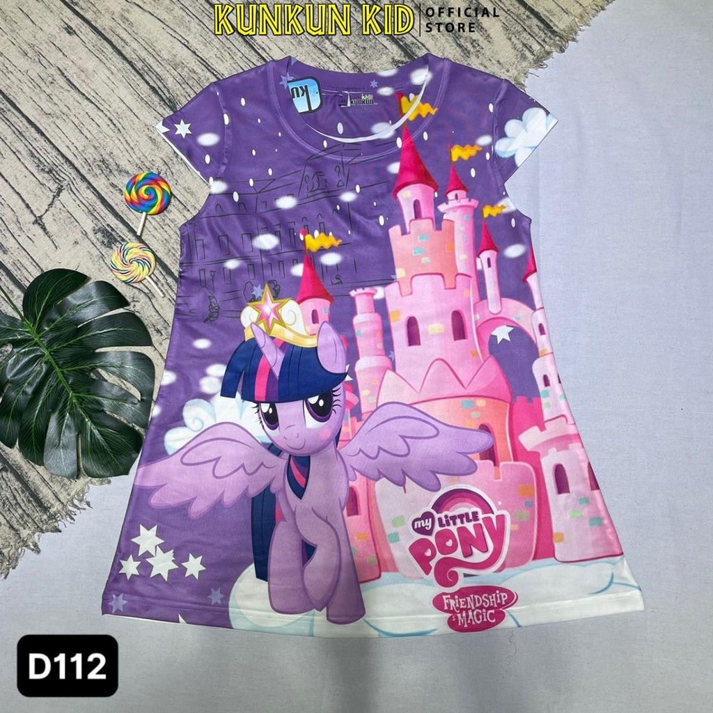 Đầm bé gái chất thun lạnh in 3d hình ngựa pony Kunkun Kid D112
