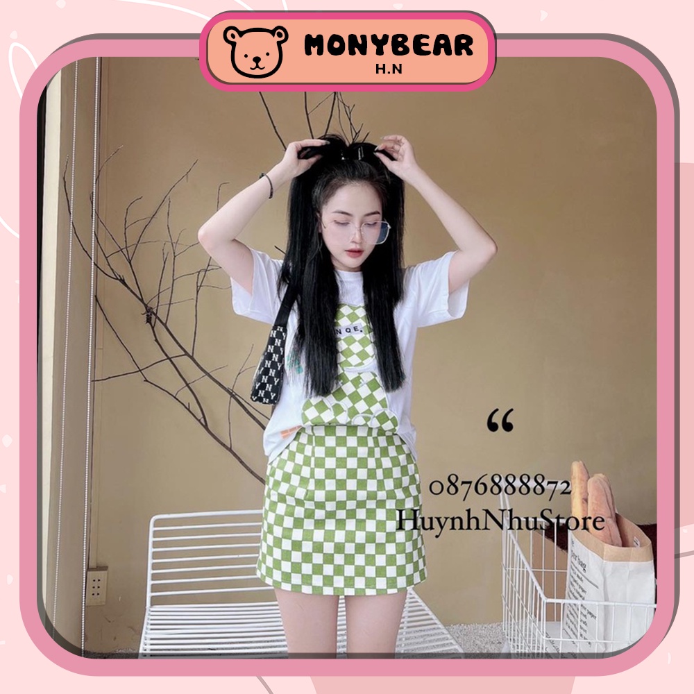 Set Váy Caro Áo Thêu Gấu 3 Màu Bộ Đồ Nữ Siêu Dễ Thương Cá Tính Cotton Cực Mát - HN014