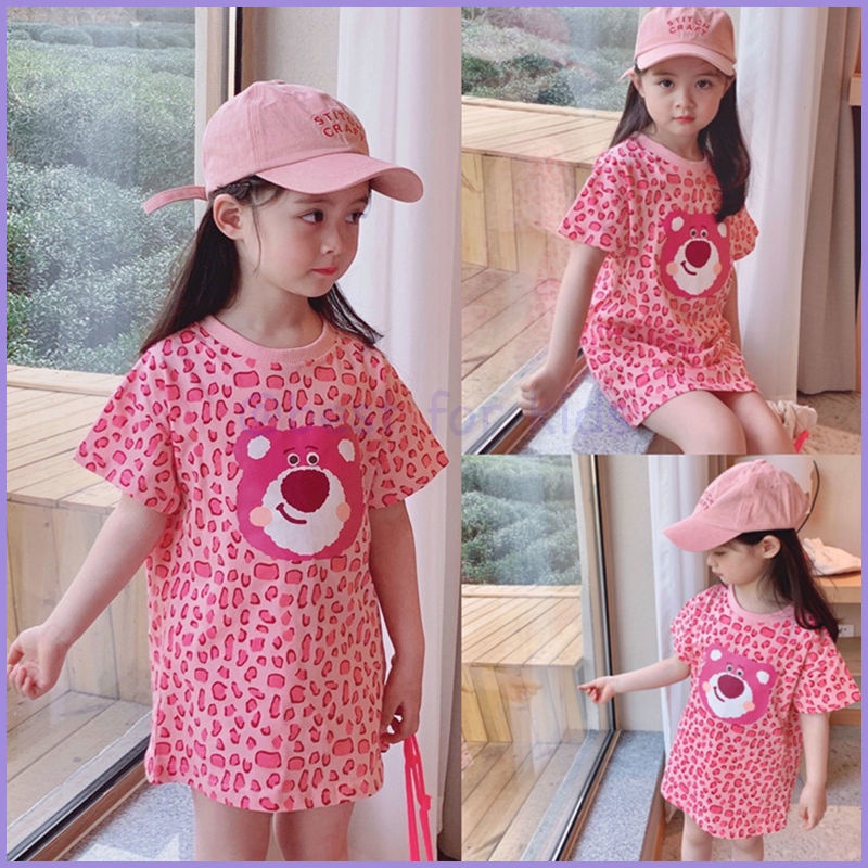 Đầm Cotton Tay Ngắn In Họa Tiết Da Báo/Gấu Hoạt Hình Thời Trang Mùa Hè Cho Bé Gái