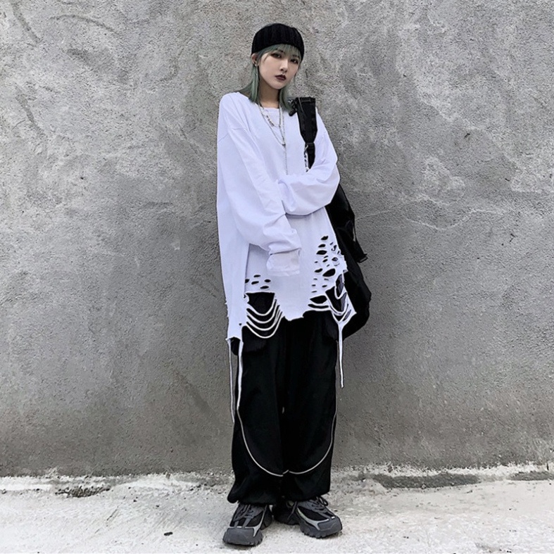 Áo thun dài tay 95% cotton rách gấu tạo layer màu basic hip hop unisex nam nữ