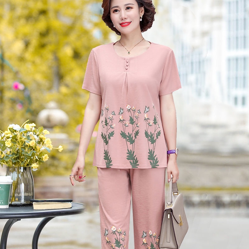 ♨❉Mẹ phù hợp với người cao tuổi váy mùa hè bà hai mảnh áo thun ngắn tay của phụ nữ trung niên và