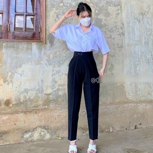 Quần tây nữ đi học lưng cao dáng dài màu đen ống đứng đáy cao kiểu Quần baggy nữ công sở 2 khuy cúc lệch vải dày dặn mềm