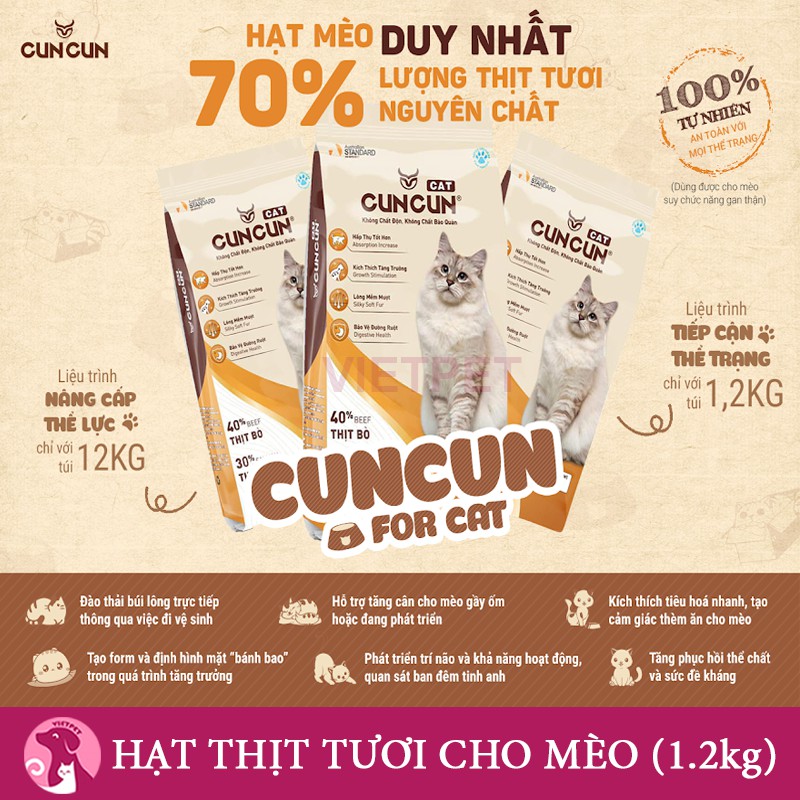 (TẶNG XÚC XÍCH) Thức Ăn Cho Mèo Hạt CUNCUN - Hạt Tươi Dinh Dưỡng Dành Riêng Cho Mèo (1.2kg)