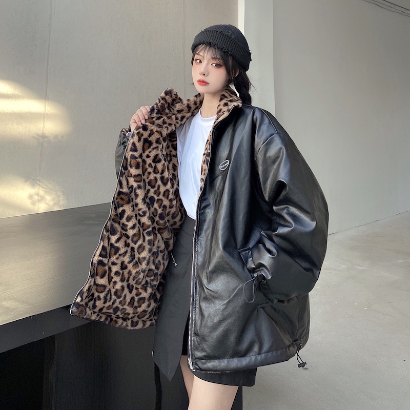Ảnh thật 3 hình cuối-2W378.Áo khoác 2 mặt họa tiết da báo phong cách Harajuku