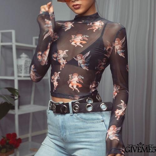 Áo croptop lưới tay dài in hình thiên thần cho nữ