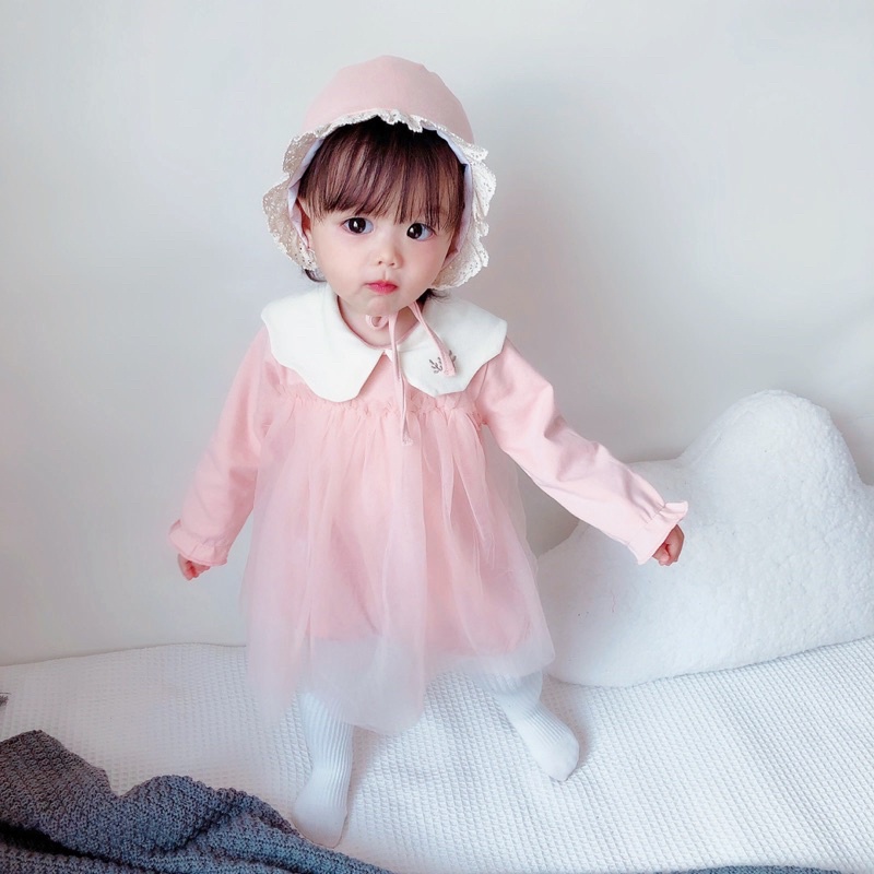 Váy Đầm Công Chúa Phối Ren Tặng Kèm Mũ Cho Bé 5-15kg