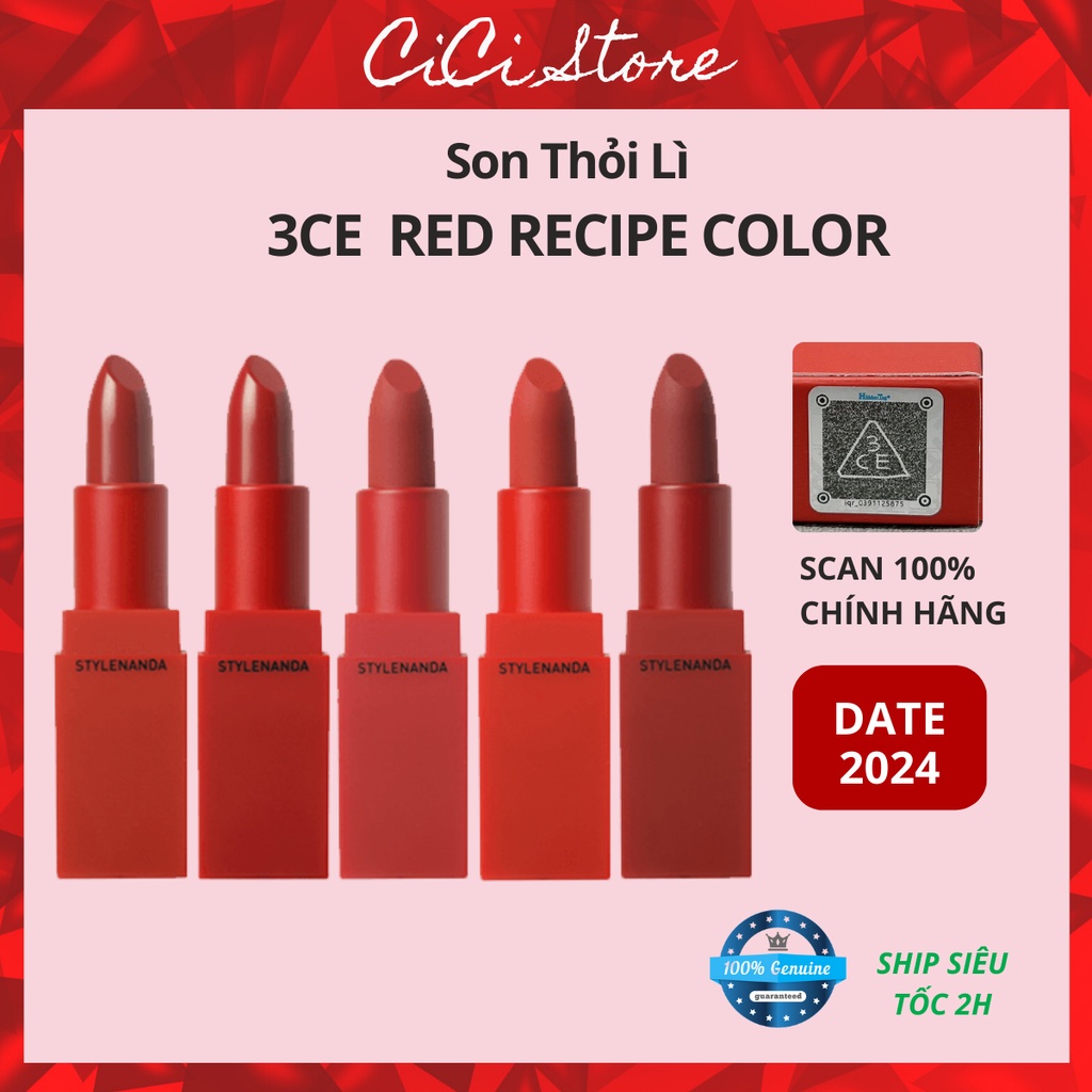 Son thỏi, son lì 3CE Red Recipe Hàn quốc Chính hãng, date 2024