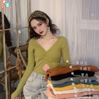 Áo dệt kim tay dài cổ V theo phong cách Hàn Quốc xinh xắn cho nữ