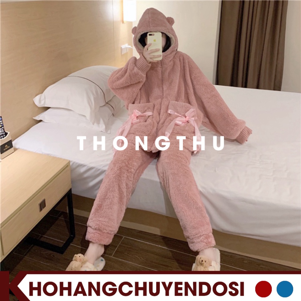 Bộ ngủ lông cừu giữ nhiệt mùa đông túi thắt nơ dễ thương,BNL02,set đồ mặc nhà nhung bông mềm mịn 2 màu hồng tím - THONGT | BigBuy360 - bigbuy360.vn