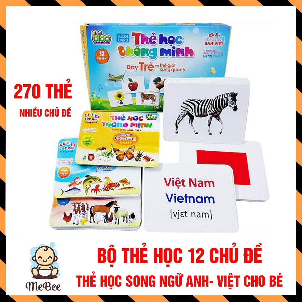 Bộ thẻ học 12 chủ đề song ngữ Anh - Việt  loại To kèm Bộ chữ cái và số (270 thẻ)  cho bé