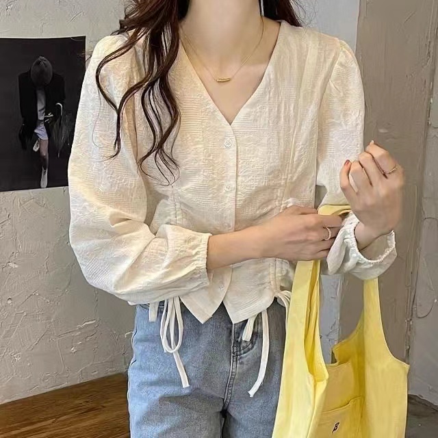 Áo Sơ Mi Nữ Dây Rút Dài Tay Cổ Chữ V Phong Cách Hàn Quốc Baju Baju Wanita Lengan Panjang Hàng Mới Có Sẵn