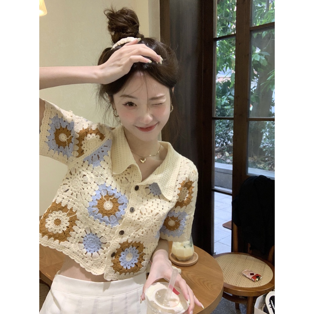 Áo Dệt Kim Ngắn Tay Phối Lỗ Thời Trang Cho Nữ