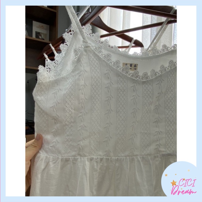 Đầm - váy hai dây trắng dài xòe phối ren tiểu thư babydoll , Đầm - váy 2 dây trắng phối ren hoa dài dáng xòe babydoll