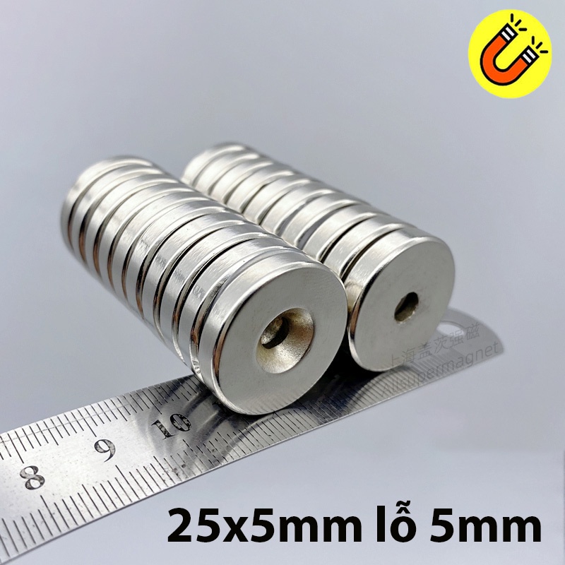 Nam châm đất hiếm neodymium 25x5 lỗ 5mm siêu mạnh