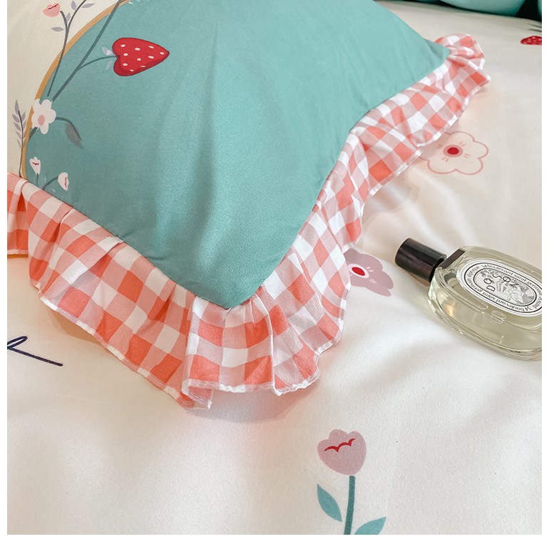 Bộ Chăn Ga Gối Cotton Bèo LIDACO Hoạt Hình 5D - Hoa Dâu Tây Màu 4