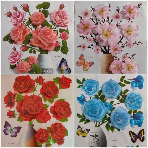 Tranh dán tường 3D hình lọ hoa, decor bình hoa dán tường siêu đẹp