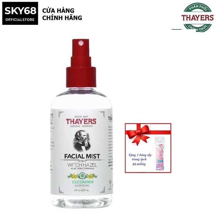 Nước Hoa Hồng Dạng Xịt Thayers Toner Facial Mist Cucumber 237ml + Tặng 1 bông tẩy trang ipek 80 miếng