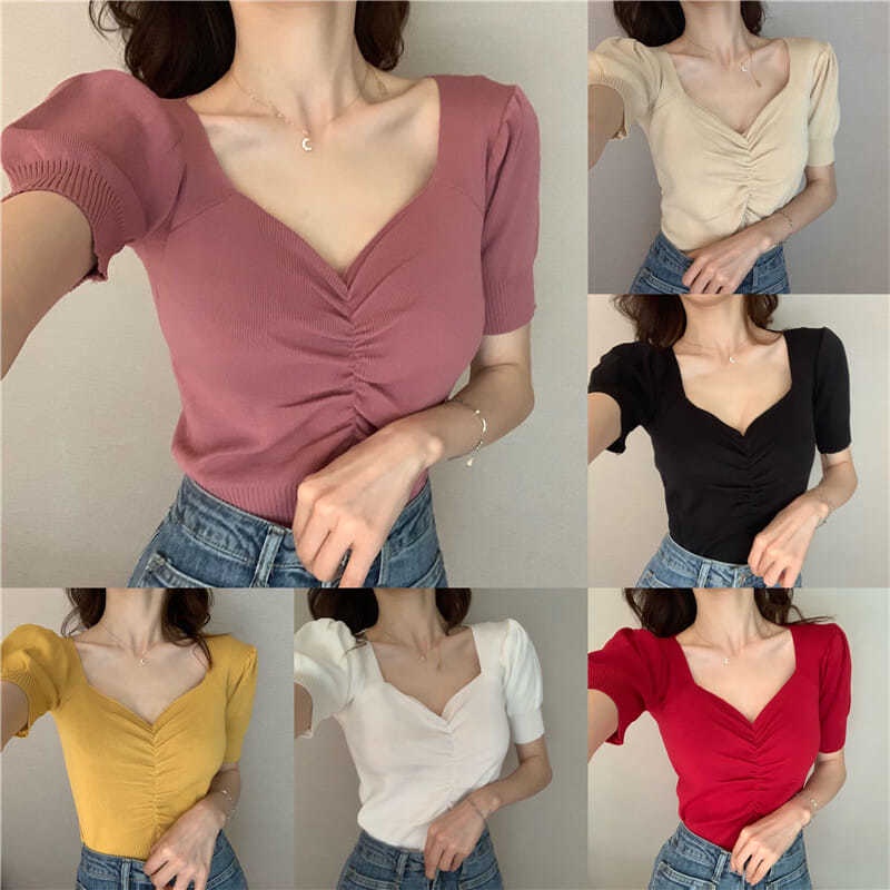 Áo Sweater Tay Ngắn Phồng Cổ Chữ V Phong Cách Hàn Quốc Thời Trang Mùa Hè Mới 2022 Dành Cho Bạn Nữ