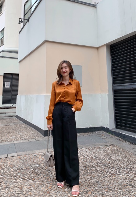 Sơ mi lụa cúc bọc đứng vai Ellie Shirts thanh lịch_ ZIEL