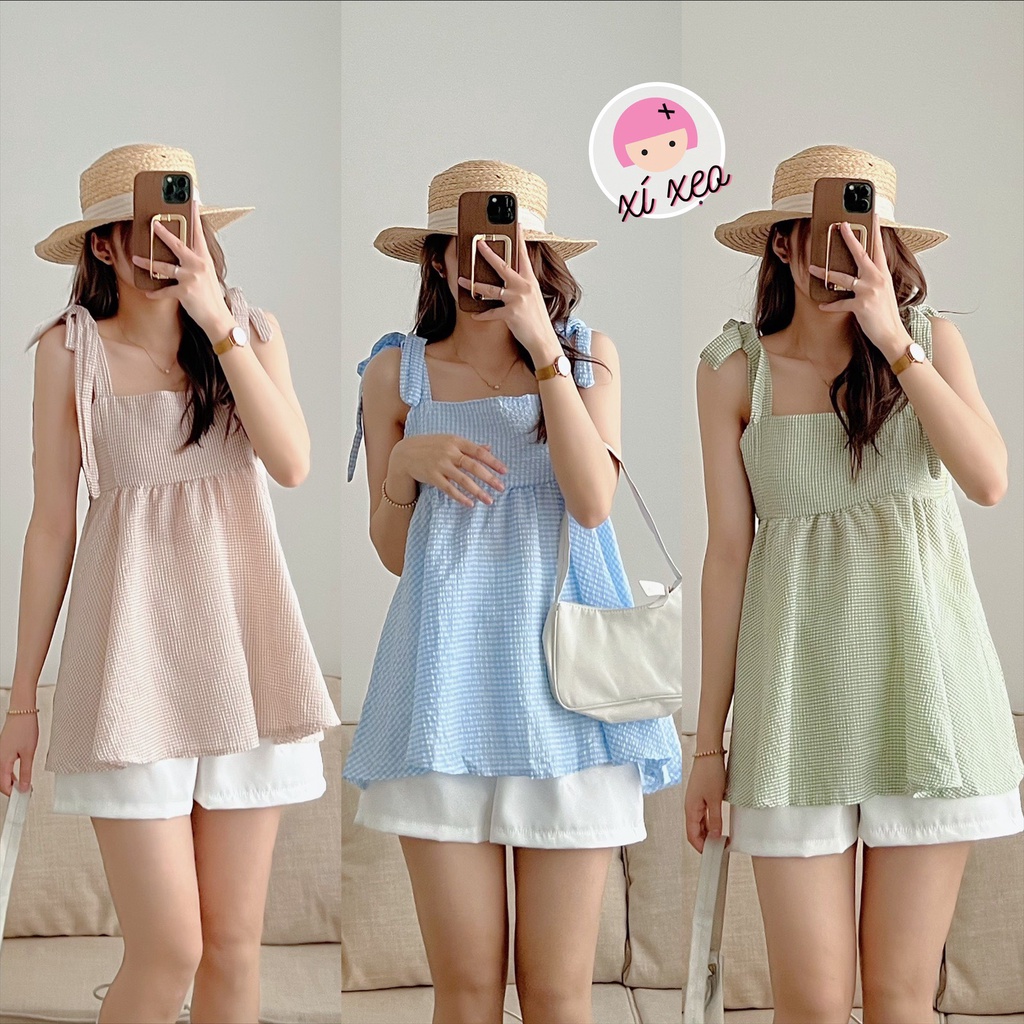 Set áo babydoll 2 dây kẻ xanh xốp kèm quần sooc trắng xixeoshop - V42