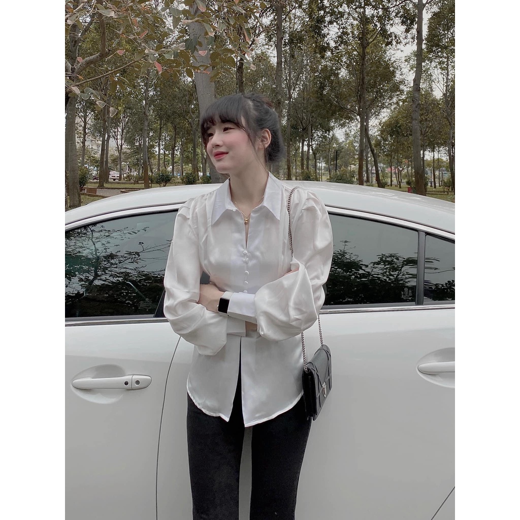 Áo sơ mi lụa tay bồng cúc bọc buộc nơ sau- áo sơ mi kiểu công sở 135