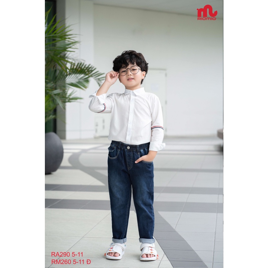 Áo sơ mi trắng bé trai 4-12 tuổi hãng Riomio phối kẻ, Sơ dài tay cho bé vải thô mềm kiểu dáng thời trang